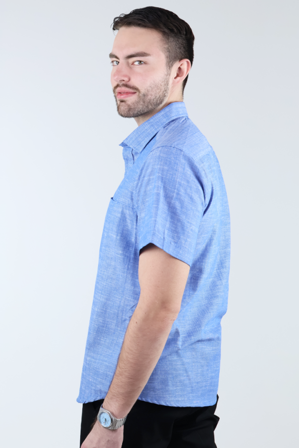 Camisa Azul Jaspe Moderna Hombre Manga Corta Con Bolsa Interior Oculta